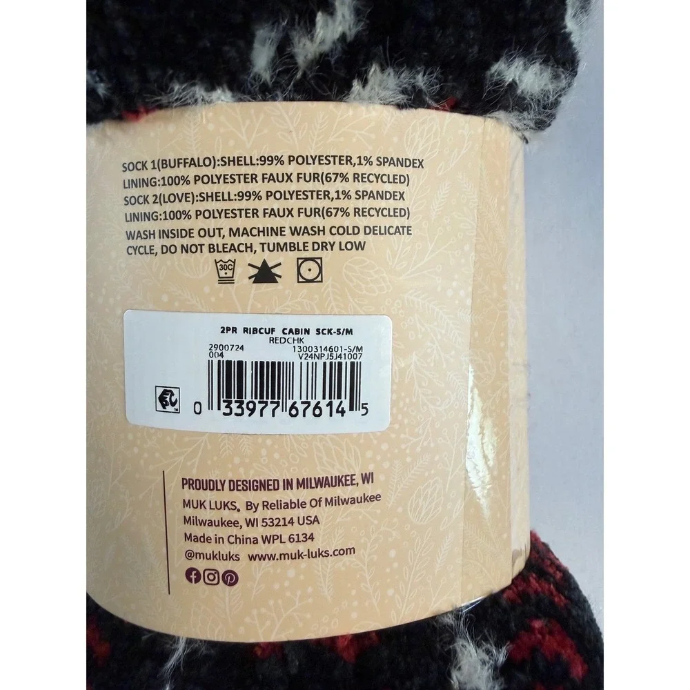 Muk Luks Cabin Socks 2 Pack Red Buffalo Plaid Snowflake Faux Fur Lined S/M